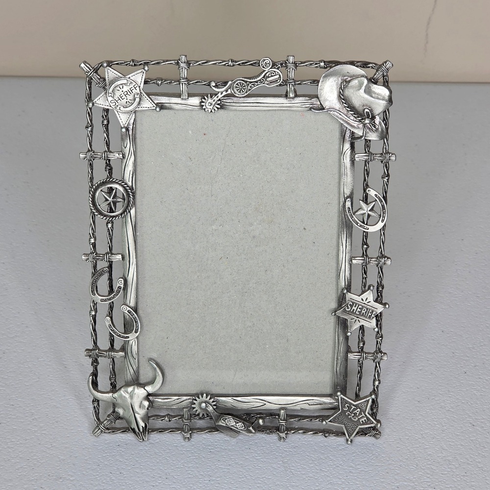 Western Picture Frame 4x6 Silver Pewter Barbed Wire Sheriff Cowboy Retro